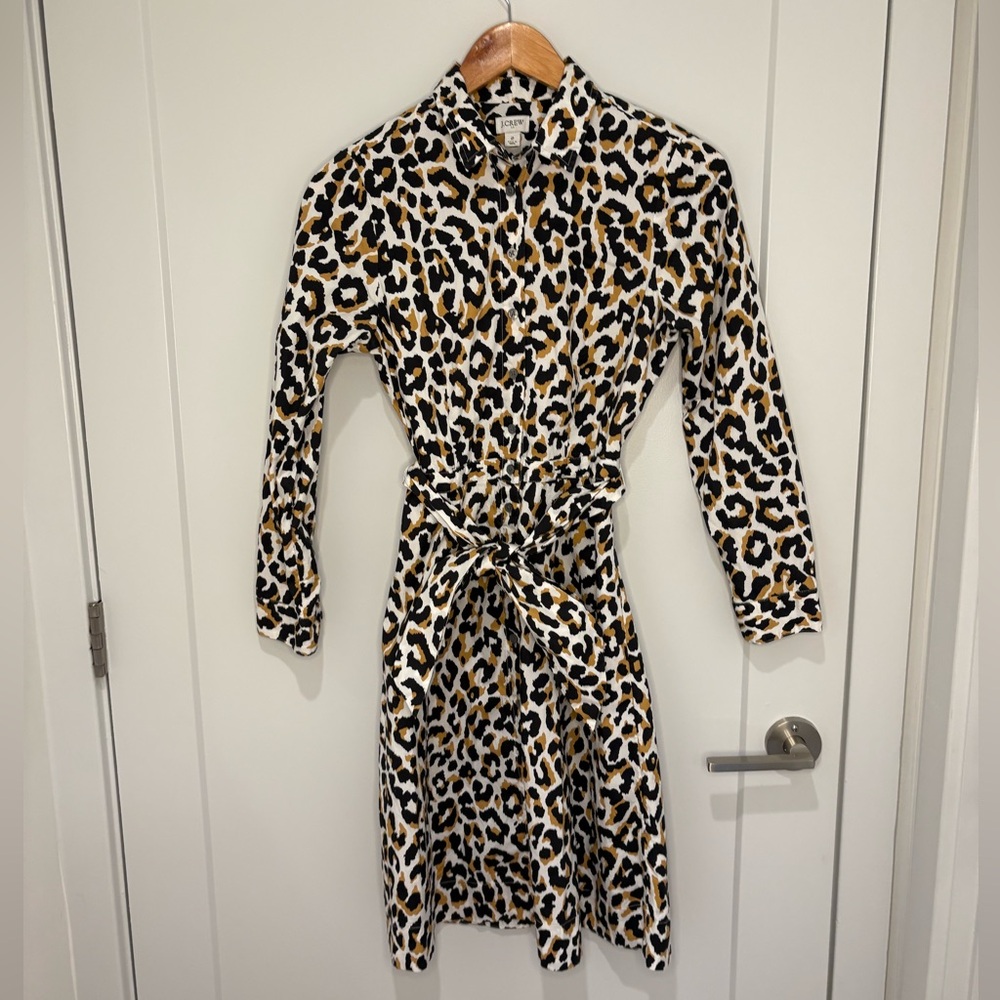 J. Crew Leopard tie-waist shirt-dress in cotton poplin long sleeve animal print